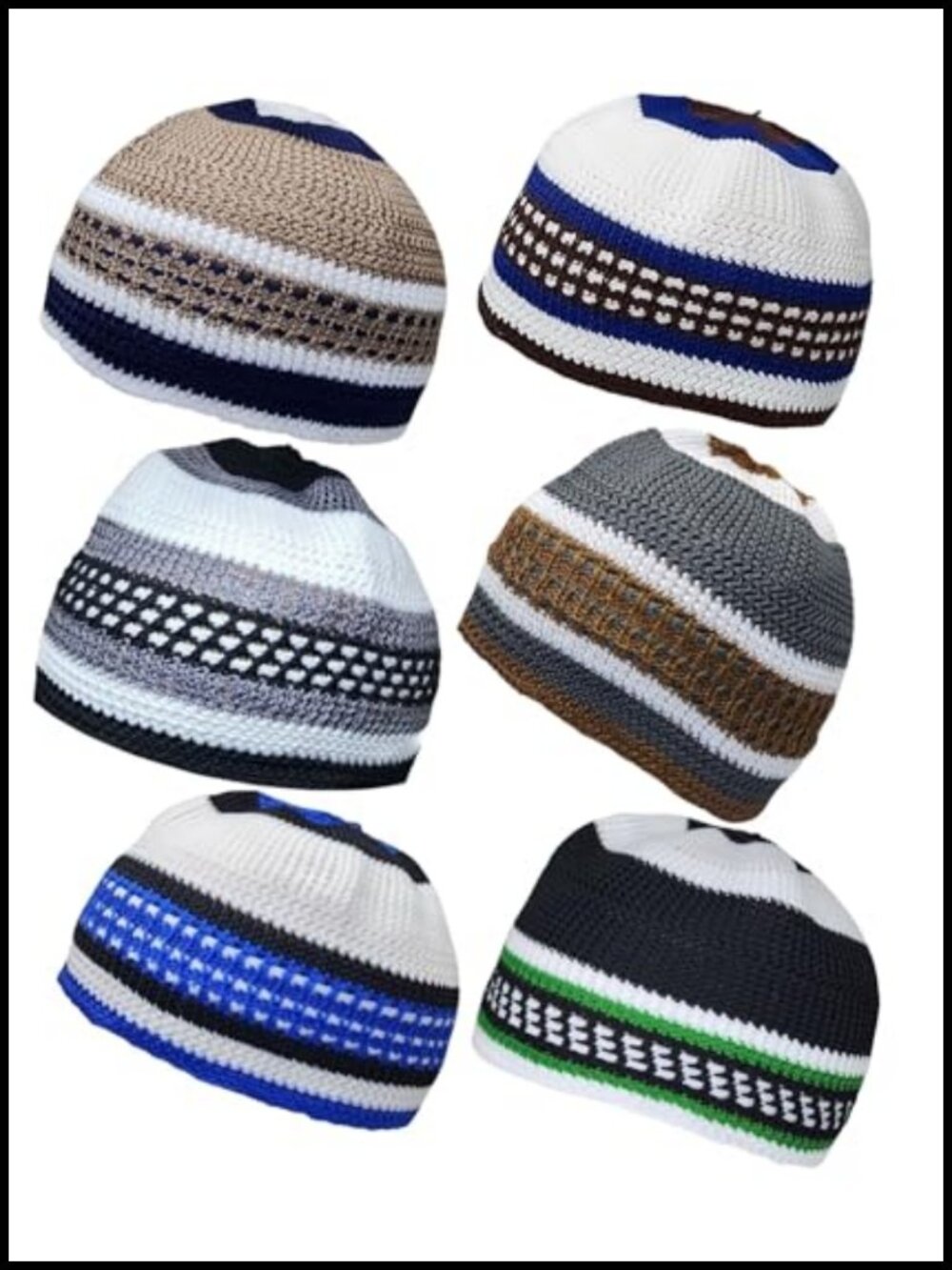 6 Pack Muslim Kufi Skull Caps Stretchable Knit Beanies Islamic Prayer Hat